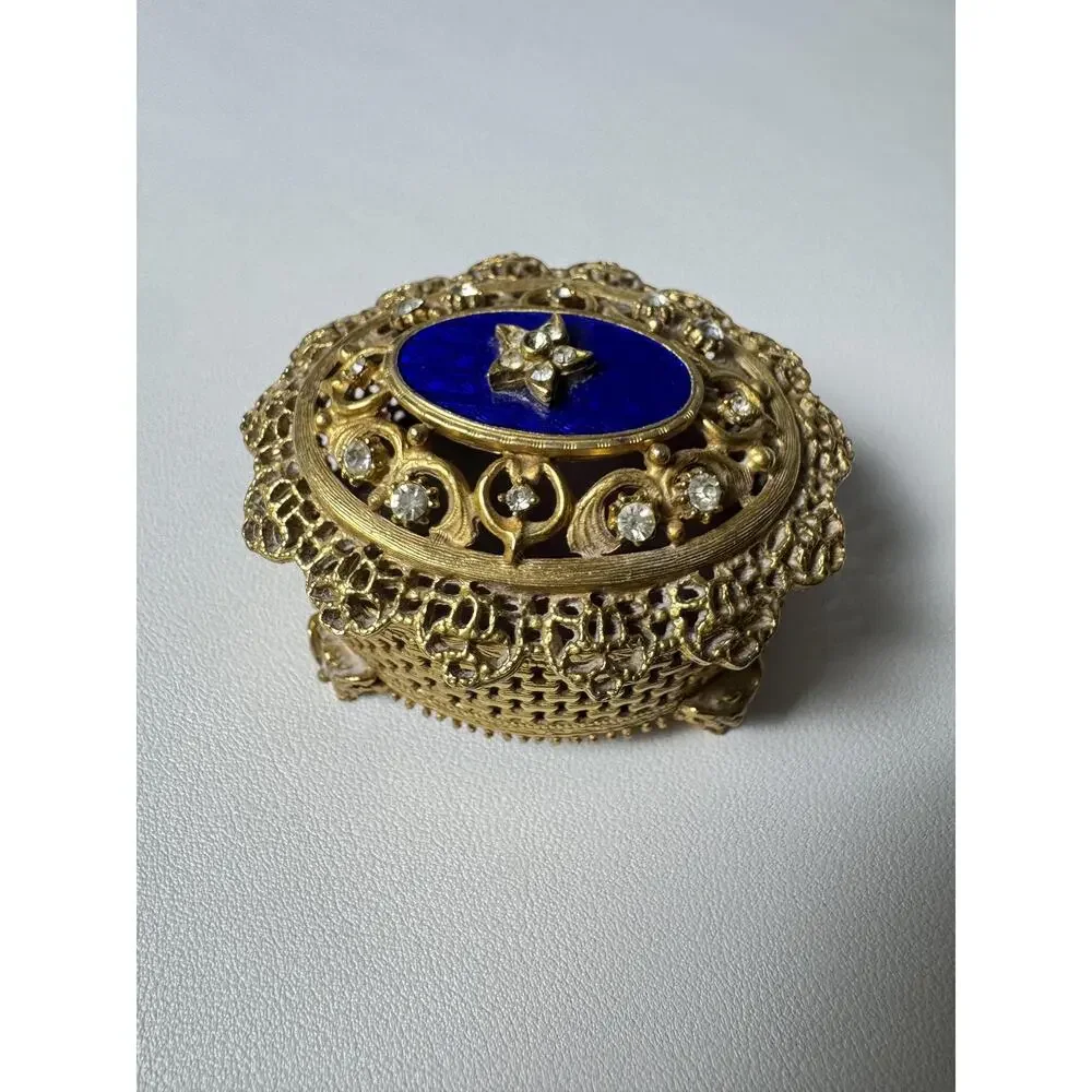 Vintage Florenza Jeweled Filigree Trinket Box Cobalt Blue Enamel Footed Oval